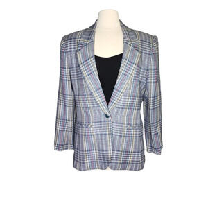 Vintage Lucia Blazer Blue Red White Yellow Wool Blend Shoulder Pads Size 12